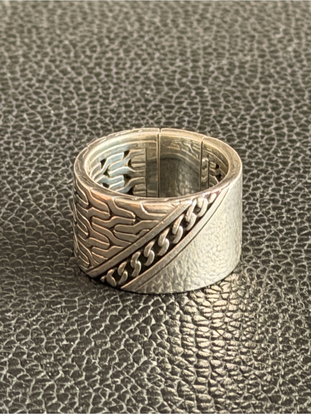 John Hardy Silver Textured Chain-Inset Wide Band Ring